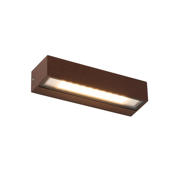 Rechteckige LED-Außenwandleuchte in Rostoptik mit warmweißem Lichtaustritt nach unten.