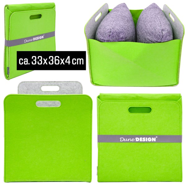 Faltbare Aufbewahrungsbox aus Filz von Dune Design mit Tragegriffen, Maße circa 33 mal 36 mal 4 Zentimeter, ideal zur Organisation.