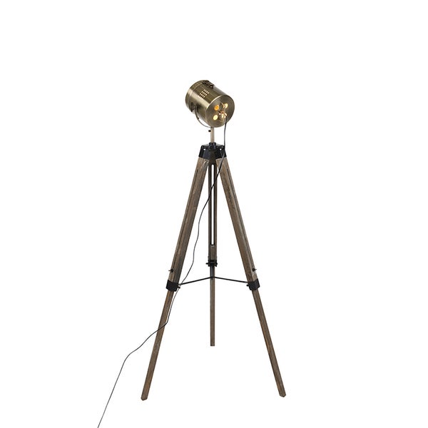 Stativ Stehlampe im Industriedesign mit Scheinwerferkopf und Holzbeinen