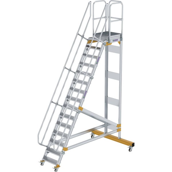 Mobile Podestleiter aus Aluminium mit beidseitigem Handlauf, Sicherheitsgeländer und vier Lenkrollen für den gewerblichen Einsatz.