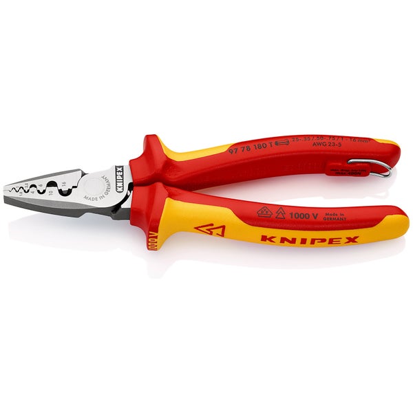 Knipex Aderendhuelsenzange mit Befestigungsöse isoliert mit Mehrkomponenten-Hüllen, VDE-geprüft; mit integrierter isolierter Befestigungsöse zum Anbringen einer Absturzsicherung 180 mm - 9778180TBK