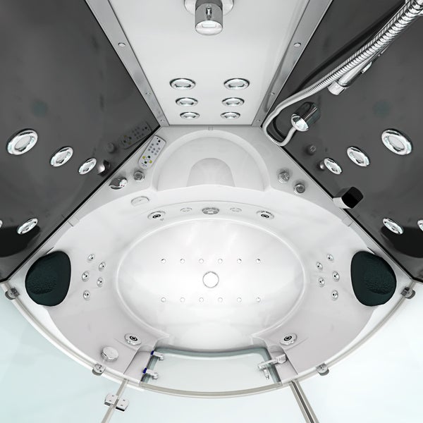 Draufsicht in eine Whirlpool-Duschkabine mit Massagedüsen, Kopfbrause, Handbrause, Kopfstützen und integriertem Sitz.