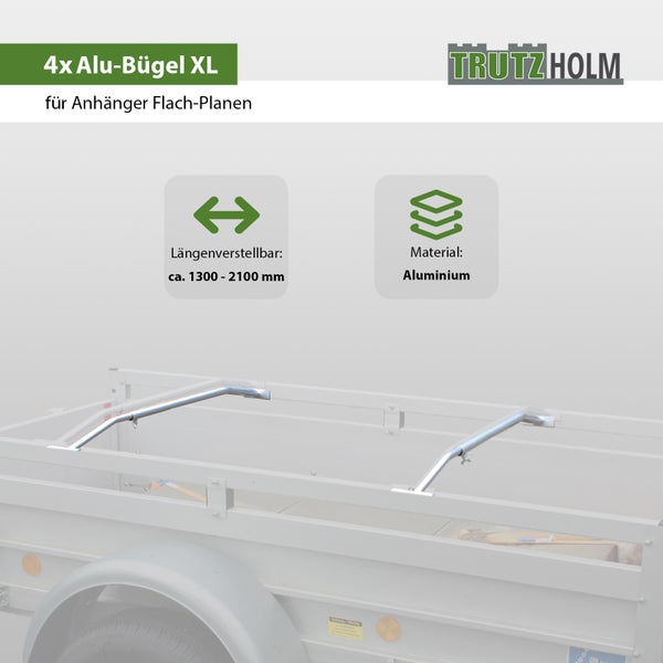 Vier Trutzholm Flachplanenbügel aus Aluminium für Anhänger, längenverstellbar von 1300 bis 2100 Millimeter.