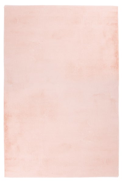 Rechteckiger flauschiger Teppich aus weichem Material in der Farbe Rosa.