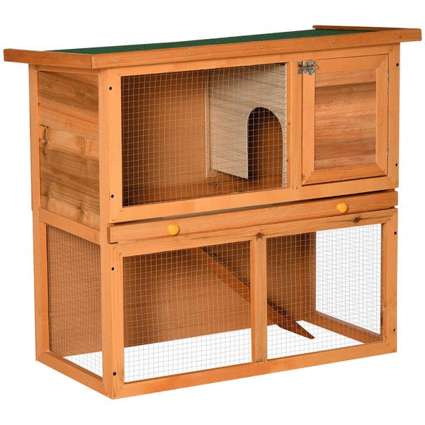 PawHut Kleintierstall aus Tannenholz, doppelstöckige Kleintierhaus, Zwergkaninchenstall, Kleintiergehege mit Bodenwanne, Rampe, Orange, 90 x 45 x 80 cm