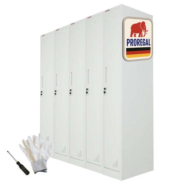 Fünf weiße Metallspinde mit Zylinderschloss, inklusive Arbeitshandschuhe, Schraubendreher, Proregal Logo und Siegel für deutsche Qualität.