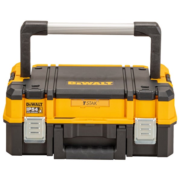 DeWalt TSTAK Werkzeugbox mit Aluminium-Tragegriff, IP54 staub- und spritzwassergeschützt, Metallschließen.