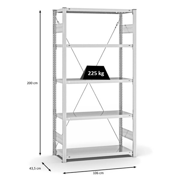 PROREGAL Fachbodenregal Stecksystem T-Profil Medium-Duty Grundregal HxBxT 200 x 100 x 40 cm 5 Ebenen Fachlast 225 kg Einseitig Nutzbar Lichtgrau