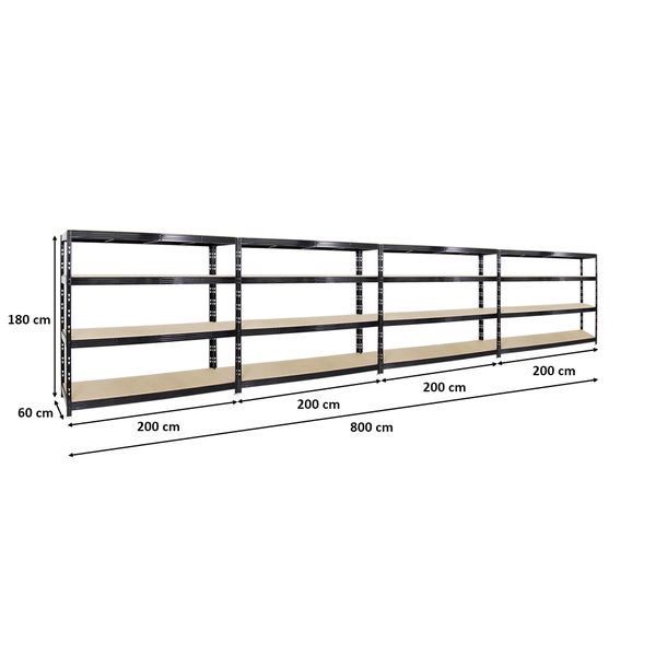 PROREGAL Mega Deal 4x Profi Schwerlastregal Rhino HxBxT 180 x 200 x 60 cm 4 Spanplatten-Ebenen 16mm Fachlast 500 kg Schwarz