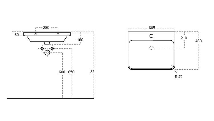 Technische Zeichnung eines Waschtisches mit Maßangaben