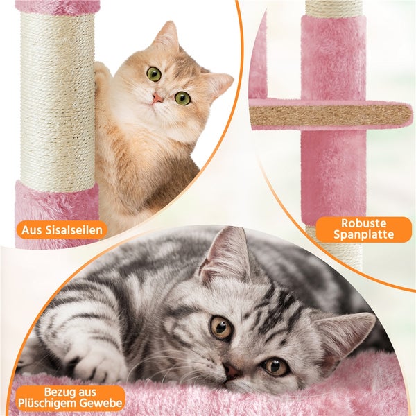 Katzenkratzbaum mit Sisalseilen, robuster Spanplatte und Bezug aus Plüschigem Gewebe.