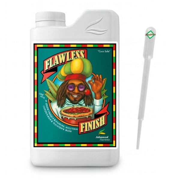 Advanced Nutrients Flawless Finish Pflanzendünger in weißer Flasche mit Pipette für die Endphase der Blütezeit.