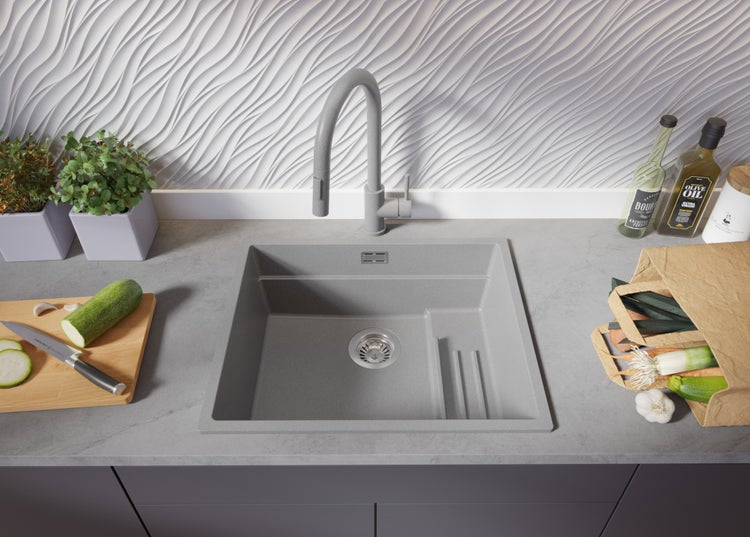 PRIMAGRAN Spülbecken Grau 56x47cm, Granitspüle 1 Becken + Ablauf-Set + Aufrollbare Abtropffläche, Küchenspüle ab 60er Unterschrank - Praga Slim