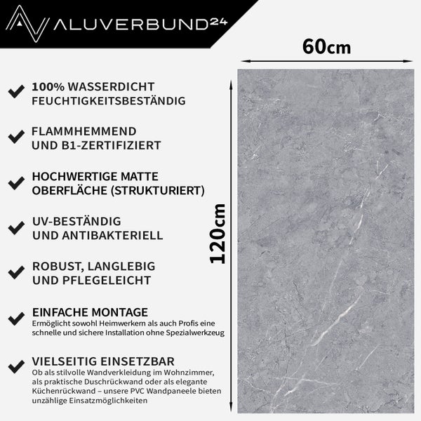Aluverbund24 PVC Wandpaneel mit Marmoroptik, 60 mal 120 Zentimeter, wasserdicht, flammhemmend, UV-beständig und antibakteriell für den Innenausbau.