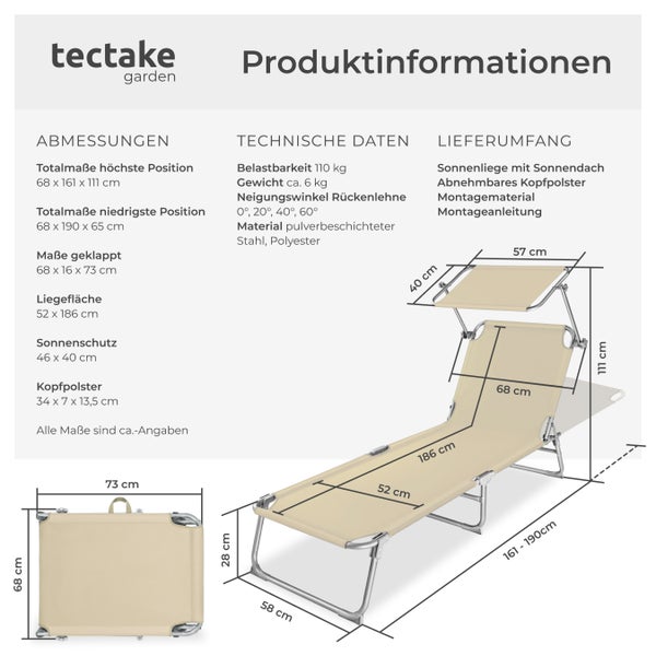 Gartenliege tectake Chloé 190 x 68 x 65 cm klappbar beige