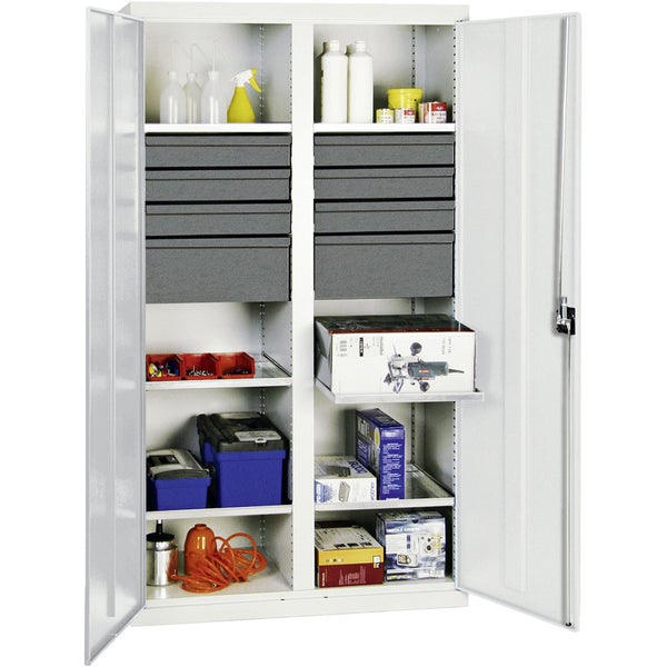 Großer Metall-Werkstattschrank mit zwei offenen Türen, Schubladen und Regalfächern, bestückt mit Werkzeugen und Zubehör.