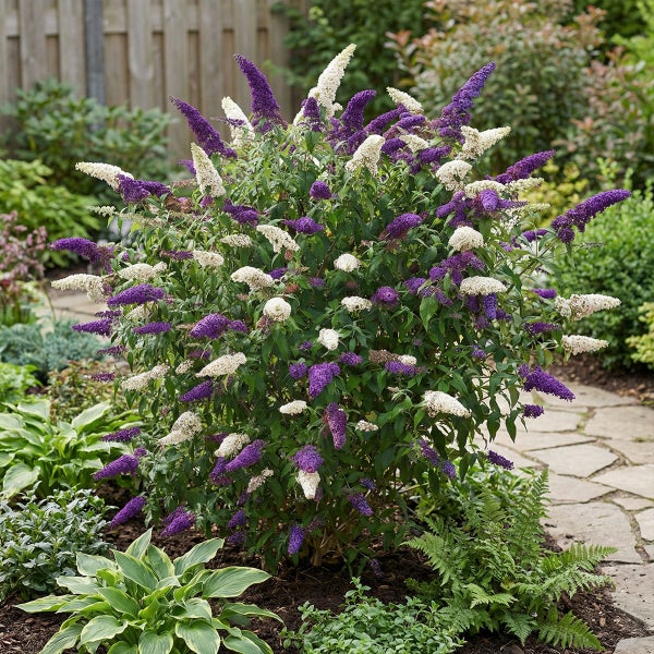 Sommerflieder Buddleja davidii mit violetten und weißen Blütenrispen in einem Gartenbeet neben einem Steinweg und einem Holzzaun.