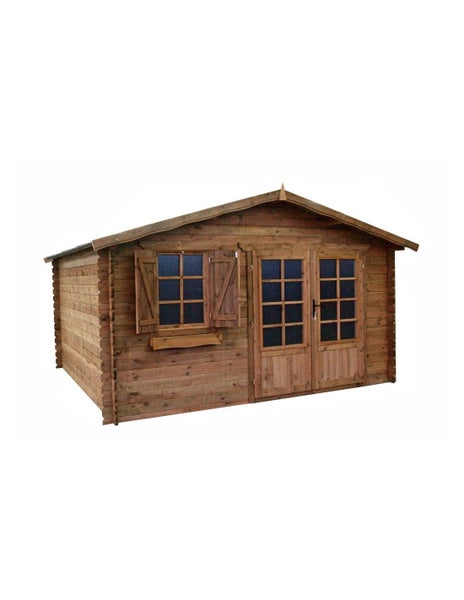 Gartenhaus aus Holz mit Doppeltür, Sprossenfenstern, Fensterläden und Blumenkasten.