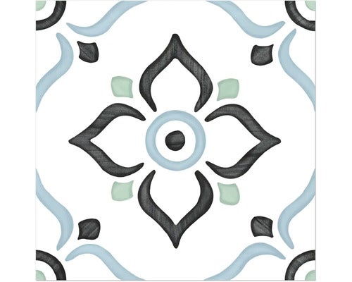 Quadratische Fliese mit dekorativem Ornamentmuster in Grau, Blau und Grün.