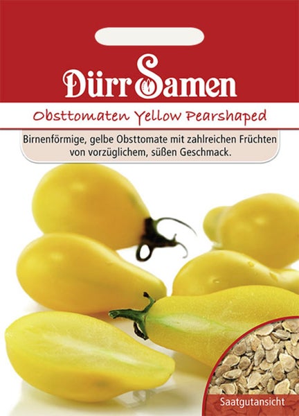 Samenpackung Dürr Samen Obsttomaten Yellow Pearshaped mit Abbildung birnenförmiger gelber Tomaten und einer Saatgutansicht.