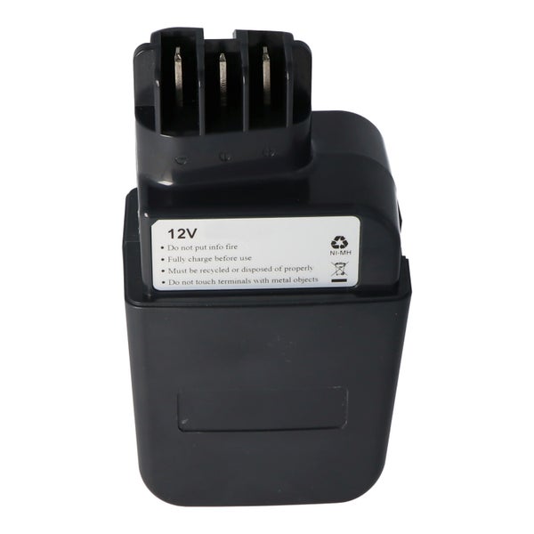 Schwarzer 12 Volt Nickel-Metallhydrid Akku für Werkzeuge mit Steckanschluss und Sicherheitshinweisen.