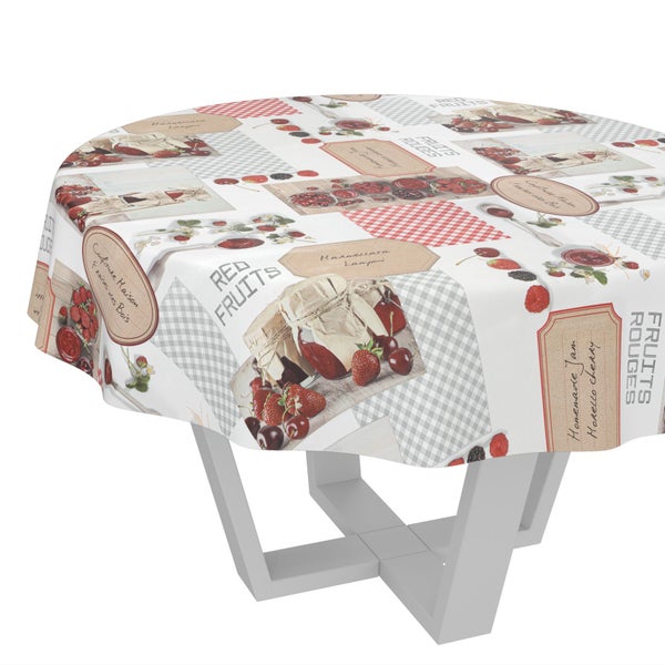Runde Wachstuch-Tischdecke mit Motiven von Beeren, Marmeladengläsern und Karomuster.