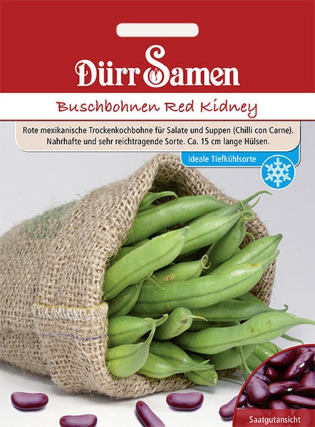 Samentüte für Buschbohnen Red Kidney von Dürr Samen mit grünen Bohnenhülsen im Leinensack und getrockneten roten Bohnen.