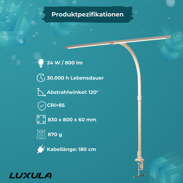 Luxula LED Schreibtischleuchte: 24 Watt, 800 Lumen, 30000 Stunden Lebensdauer, 120 Grad Winkel, 830 mal 800 mal 60 Millimeter, 870 Gramm. Luxula Logo.