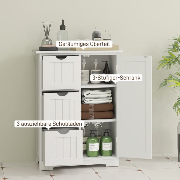 HOMCOM Badezimmerschrank Beistellschrank mit 3 Schubladen, Badschrank mit Verstellbarem Regal, für Badezimmer, Wohnzimmer 60 x 30 x 80 cm Weiß