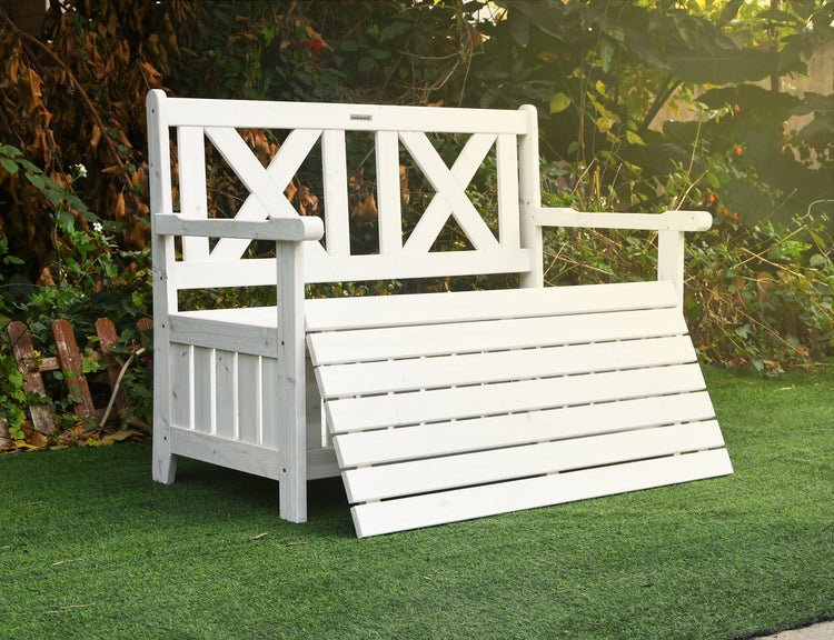 needs&wants® Gartenbank Holz wetterfest mit Stauraum und Abdeckung, 2-Sitzer Truhenbank Holzbank klassisch, Parkbank Sitzbank massiv Garten Outdoor mit Truhe, Naturholz Massivholz, weiß