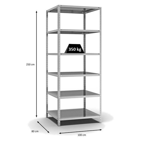 PROREGAL Fachbodenregal Schraubsystem Heavy-Duty Grundregal HxBxT 250 x 100 x 80 cm 6 Ebenen Fachlast 350 kg Beidseitig Nutzbar Verzinkt