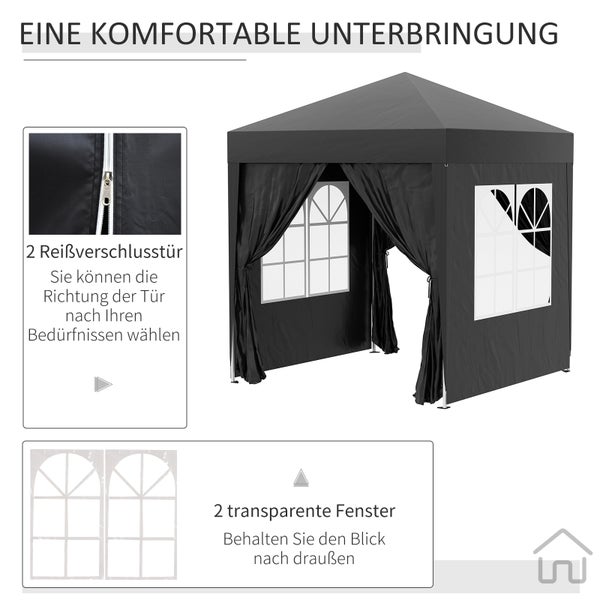 Outsunny Pavillon 2x2m Wasserdicht, Pop-up Faltpavillon mit 4 Seitenwänden, Abflusslöcher Fenster, faltbar Partyzelt UV 30+, Gartenzelt mit Tragetasche, Gartenpavillon für Terrasse, Schwarz