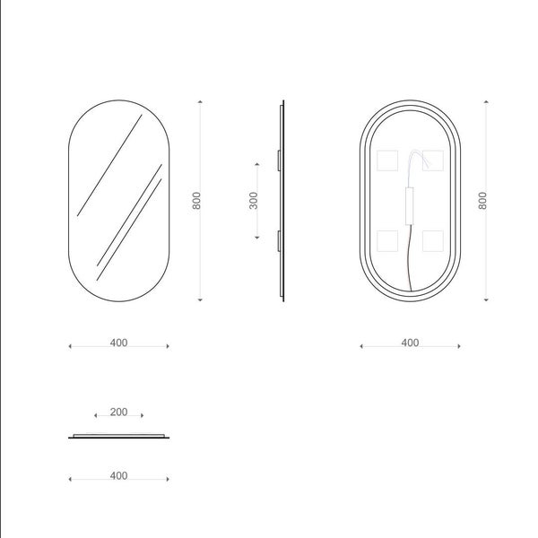 Technische Zeichnung eines ovalen Spiegels mit den Maßen 800 Millimeter mal 400 Millimeter sowie Vorderansicht, Seitenansicht und Rückansicht.