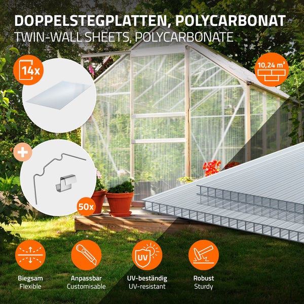ECD Germany 14x Doppelstegplatten, 4mm Polycarbonat, 121x60,5cm, 10,24m², 50x Klammern + 50x Z-Clips, stoßsicher & UV-beständig, zuschneidbar, Klar Hohlkammerplatten, Gewächshausplatten Stegplatten