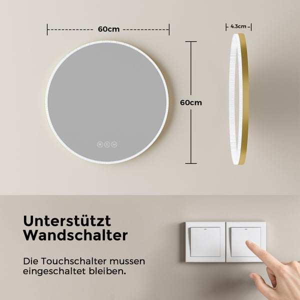 EMKE Badezimmerspiegel LED rund ф60 cm, 3 Lichtfarben, Touch & Memory-Funktion, Dimmbar, Antibeschlag, Acrylrahmen mit goldenem Rand, für Badezimmer