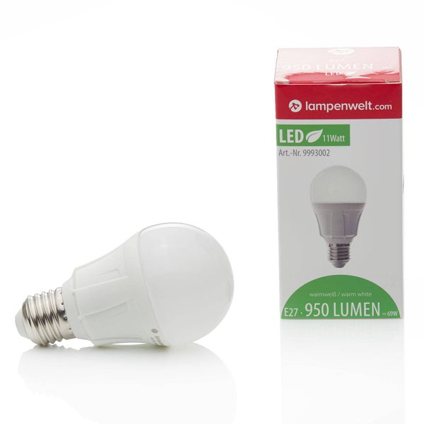 LED-Leuchtmittel E27 von Lampenwelt, 11 Watt, 950 Lumen, warmweiß, inklusive Produktverpackung.