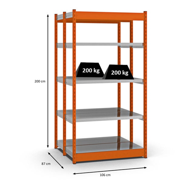 PROREGAL Fachbodenregal Stecksystem Vierkant-Profil Grundregal HxBxT 200 x 102,5 x 40 cm 2x5 Ebenen Doppelseitige Bauart Fachlast 200 kg Orange