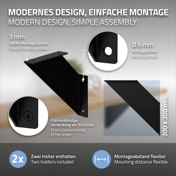 ML-Design 4 Stück Regalhalterung 20 cm, Schwarz, Metall, Dreieckige Regalhalterungen, Schwebende Regalwinkel, Wandmontage, 90° Wandhalterung, Regalträger Wandregal Wandkonsole Hängeregal Regalstütze
