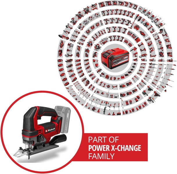 Einhell Akku Stichsäge aus der Power X-Change Systemreihe mit zahlreichen weiteren Akku Werkzeugen und Gartengeräten in der Übersicht.