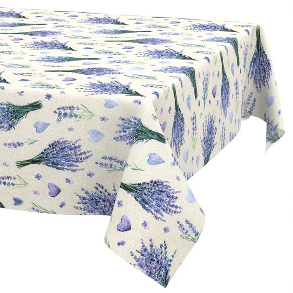 Rechteckige Tischdecke mit Lavendel-Motiv und kleinen Herzen auf Textilgewebe.