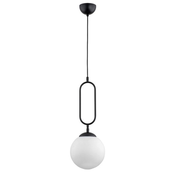 Moderne Pendelleuchte mit kugelformigem Glasschirm und dekorativem ovalem Element an der Aufhängung