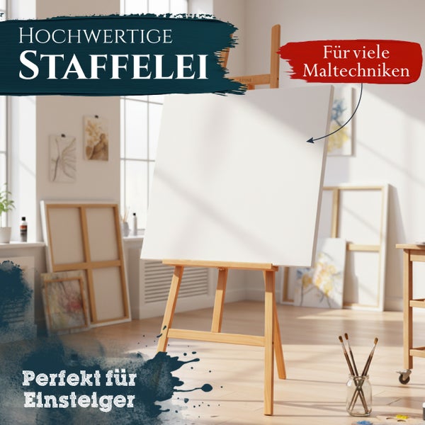 Eine hochwertige Holzstaffelei mit einer leeren Leinwand in einem hellen Atelier, geeignet für Einsteiger und verschiedene Maltechniken.