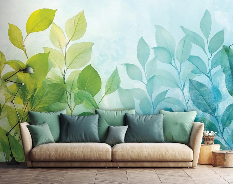 Fototapete Blätter Grün Blau Wohnzimmer Vlies Tapete 350x250 cm