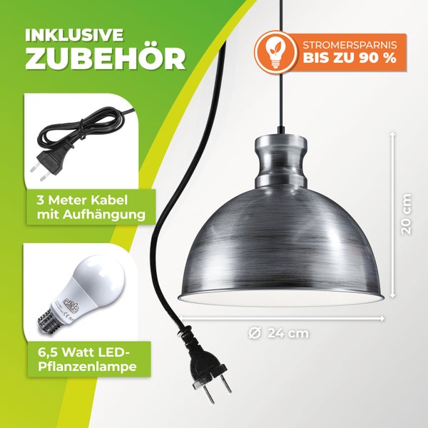 Hängeleuchte für Pflanzen mit Metallschirm, inklusive 3 Meter Kabel und 6,5 Watt LED-Leuchtmittel. Durchmesser 24 Zentimeter, Höhe 20 Zentimeter.