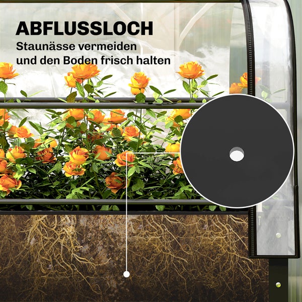 Illustration eines Hochbeets mit Abflussloch zur Vermeidung von Staunässe, mit orangefarbenen Rosen und sichtbarem Wurzelwerk in der Erde.