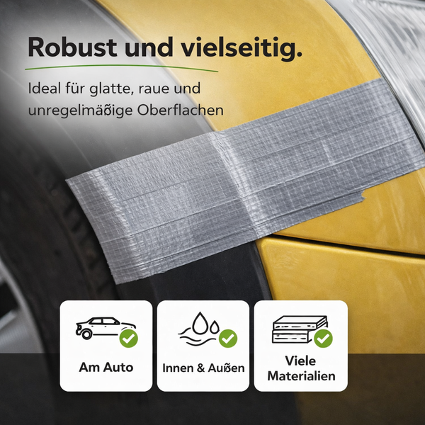 Silbernes Gewebeband auf einer Autokarosserie. Vielseitig einsetzbar für glatte und raue Oberflächen, innen und außen sowie für diverse Materialien.