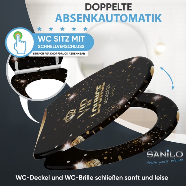 WC-Sitz von Sanilo mit VIP-Lounge-Dekor in Schwarz und Gold, inklusive doppelter Absenkautomatik und Schnellverschluss per Knopfdruck.