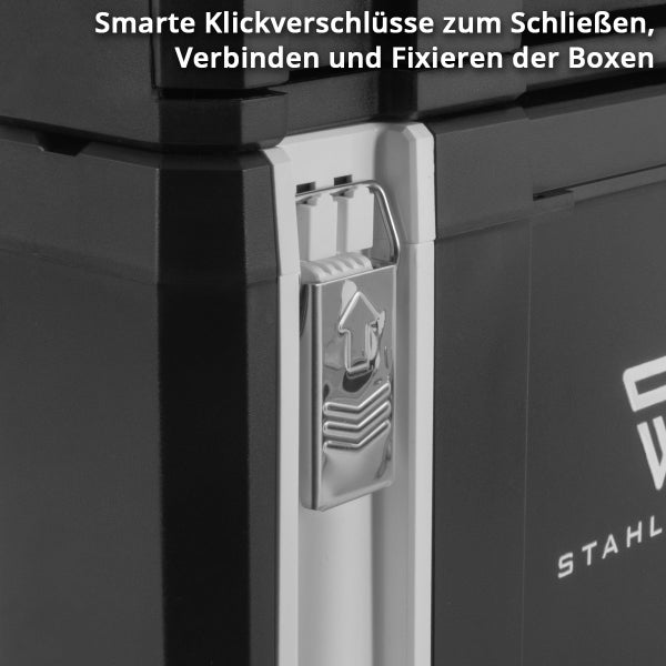 Detailansicht des Klickverschlusses einer Werkzeugbox zum Schließen, Verbinden und Fixieren der Boxen