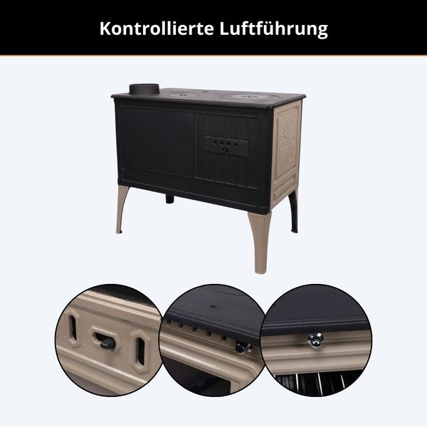 Küchenofen mit kontrollierter Luftführung, Detailansichten der Regler für die Luftzufuhr am Holzofen.