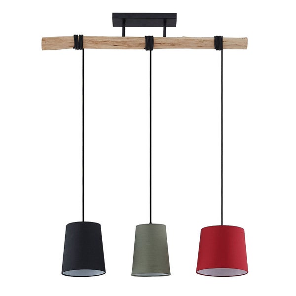 Drei Pendelleuchten in Schwarz, Grün und Rot über einem Esstisch
